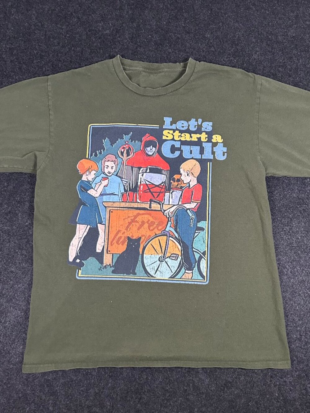 Let's Start a Cult Graphic Tee Olive Green T-Shirt Spooky Halloween